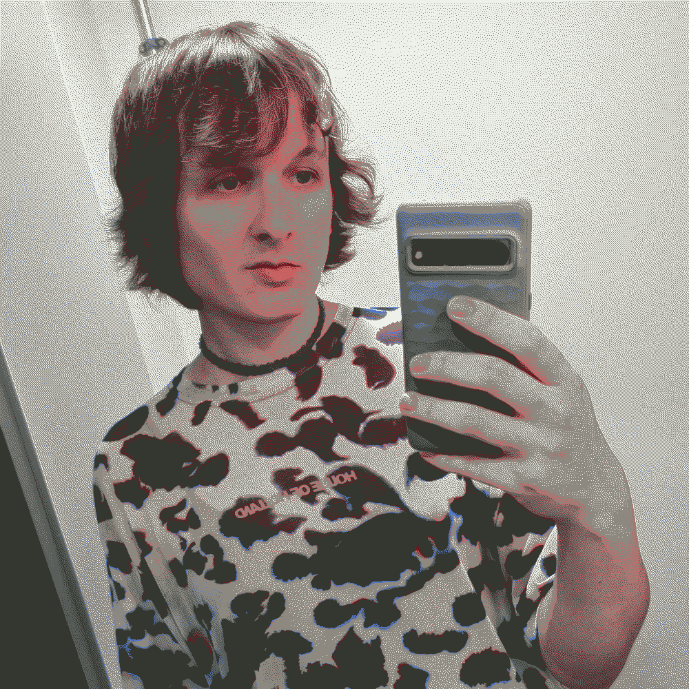 A selfie of me with a slight smile, holding my phone in front of me around shoulder height. I'm looking at the phone, which I'm using to take my photo in a round bathroom mirror. I'm white and have freshly-cut wavy jaw-length hair with a fringe. I'm wearing a white translucent House of Holland top with dark blue smudges all over. 'House of Holland' is written in yellow. Underneath you can partially see a black brasette. I'm also weating a slotted blue choker, but the colour just looks dark in the image. The image is dithered, making the colour palette artistically muted
