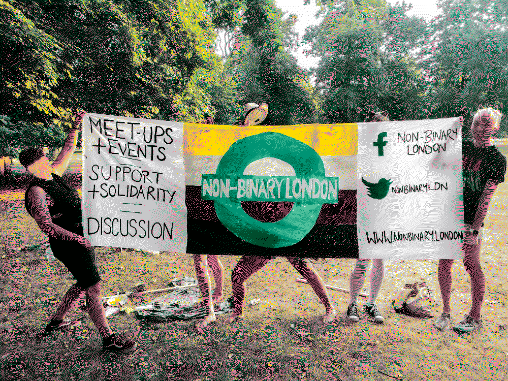 A group of people in a park on a bright day hold up a freshly painted Non-binary London banner. I'm on the right. In the image, I'm white, slim and blonde-haired. I'm wearing brown cat ears, a black t-shirt with text on the front (not readable), light pink short shorts and some slip-on floral print Vans shoes. Four other people are visible, but mostly only the legs are visible on three of them. The image is dithered, making the colour palette artistically muted