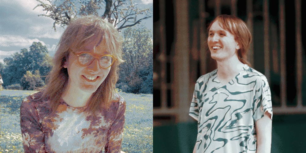 Two photos of me side by side. On the left, a photo taken in a park of me sat down, smiling naturally, and looking to the camera. In the photo, I'm white, slim-ish, and have long light brown hair falling halfway between my shoulders and my armpits. I'm wearing a sheer top which is brown and light-coloured with some kind of patterning. Not too far behind me is a tree, and about twice or thrice as far is a whole wall of trees. There are yellow flowers on the grass. The other image, on the right, is of me stood on a tennis court smiling to my off-camera opponents. My hair is tied back, excluding my fringe. I'm wearing a light blue tennis top with wavy green and yellow stripes - the green ones are more prominent. The images are dithered, making the colour palette artistically muted
